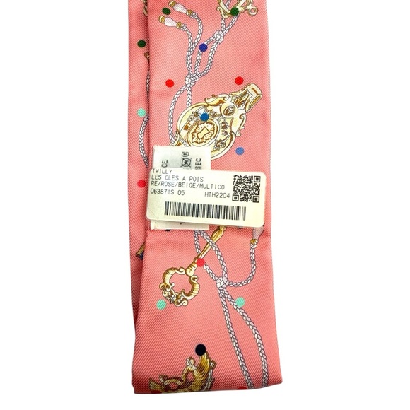 New Hermes Twilly Scarf Les Cles a Pois Rose Beige Multicolor 100% Silk - Picture 10 of 16